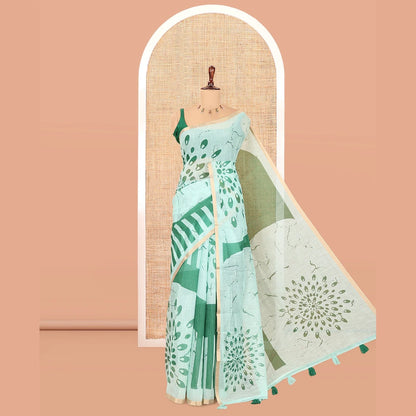 Pothys Borderless Rama Green Linen Cotton Saree, Geometric-Abstract Print and Contrast Blouse