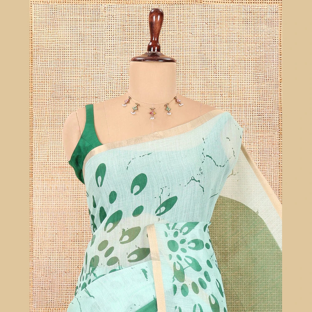 Pothys Borderless Rama Green Linen Cotton Saree, Geometric-Abstract Print and Contrast Blouse