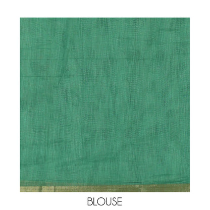 Pothys Borderless Rama Green Linen Cotton Saree, Geometric-Abstract Print and Contrast Blouse