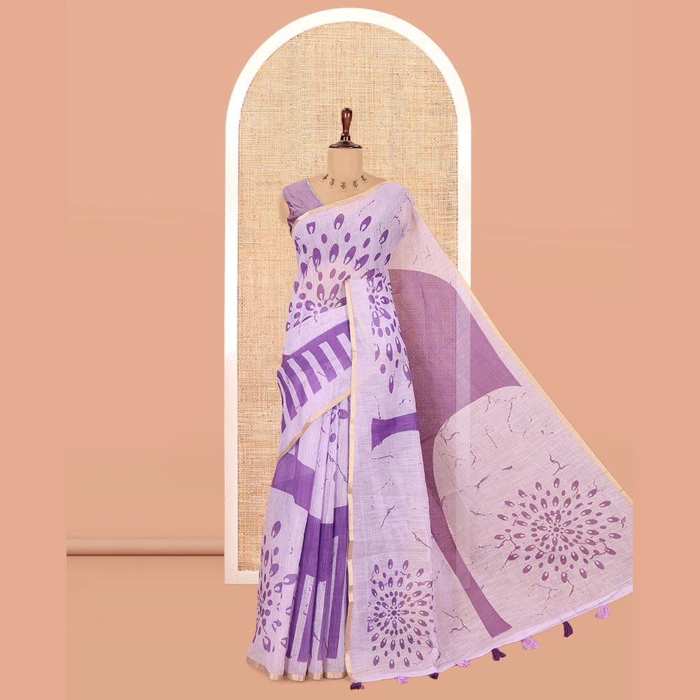 Pothys Borderless Violet Linen Cotton Saree, Geometric-Abstract Print and Contrast Blouse