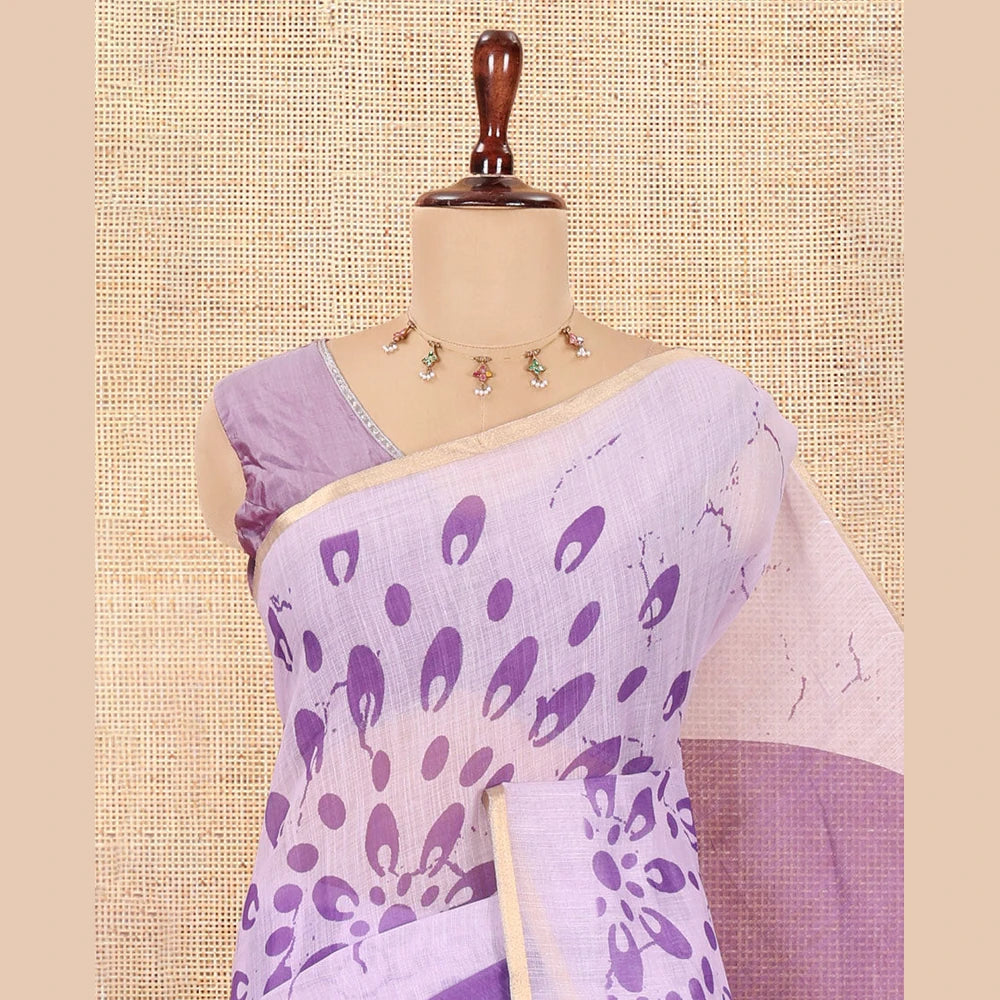 Pothys Borderless Violet Linen Cotton Saree, Geometric-Abstract Print and Contrast Blouse