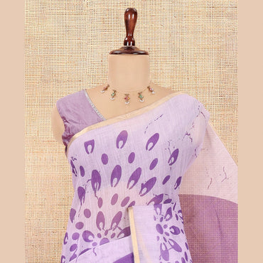 Pothys Borderless Violet Linen Cotton Saree, Geometric-Abstract Print and Contrast Blouse