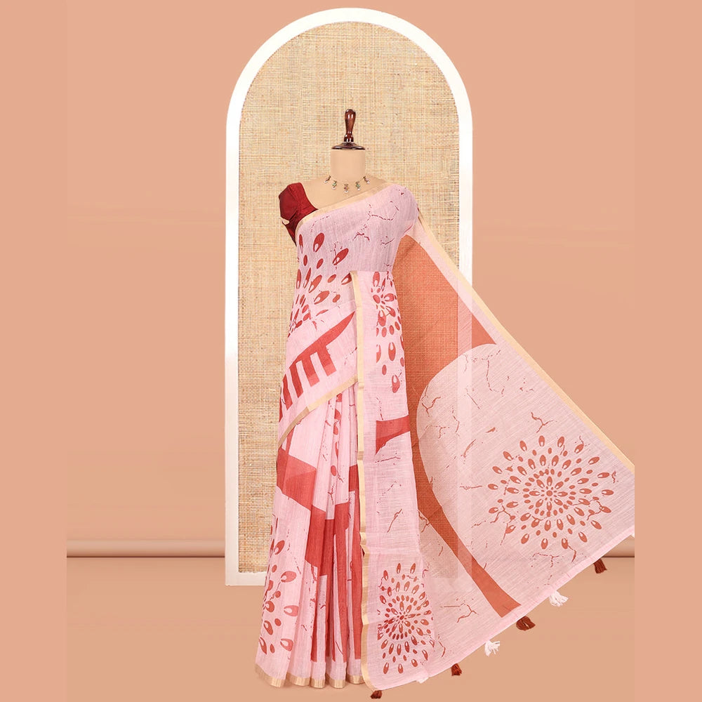 Pothys Borderless Rust Linen Cotton Saree, Geometric-Abstract Print and Contrast Blouse