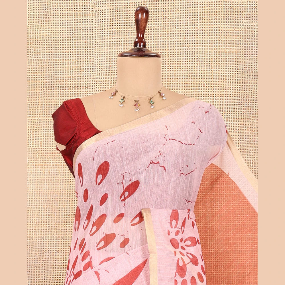 Pothys Borderless Rust Linen Cotton Saree, Geometric-Abstract Print and Contrast Blouse
