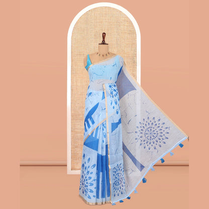Pothys Borderless Blue Linen Cotton Saree, Geometric-Abstract Print and Contrast Blouse