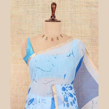 Pothys Borderless Blue Linen Cotton Saree, Geometric-Abstract Print and Contrast Blouse