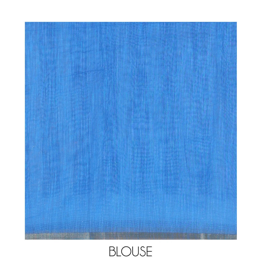 Pothys Borderless Blue Linen Cotton Saree, Geometric-Abstract Print and Contrast Blouse