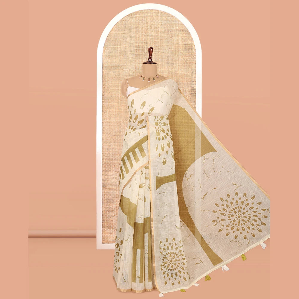 Pothys Borderless Green Linen Cotton Saree, Geometric-Abstract Print and Contrast Blouse