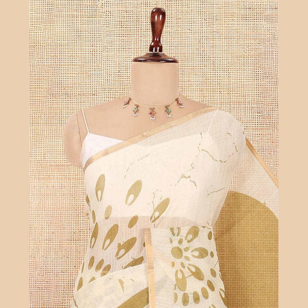 Pothys Borderless Green Linen Cotton Saree, Geometric-Abstract Print and Contrast Blouse