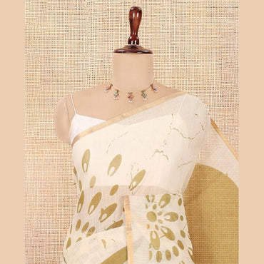 Pothys Borderless Green Linen Cotton Saree, Geometric-Abstract Print and Contrast Blouse