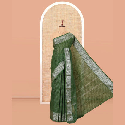 Pothys Green Zari Checked Sungudi Cotton Saree, a Zari Peacock Motif Border, Checked Pallu, and Matching Blouse