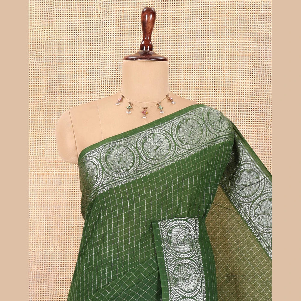 Pothys Green Zari Checked Sungudi Cotton Saree, a Zari Peacock Motif Border, Checked Pallu, and Matching Blouse