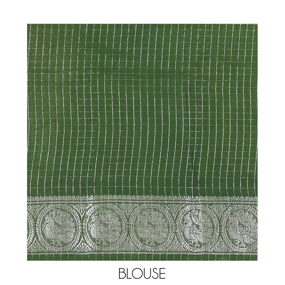 Pothys Green Zari Checked Sungudi Cotton Saree, a Zari Peacock Motif Border, Checked Pallu, and Matching Blouse