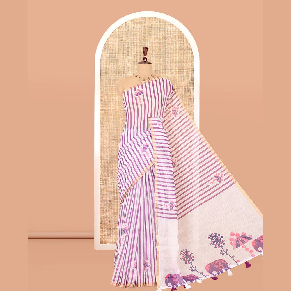 Pothys Borderless White-Violet Linen Cotton Saree, Adorned with Vertical Stripes, an Umbrella Print, and a Matching Blouse