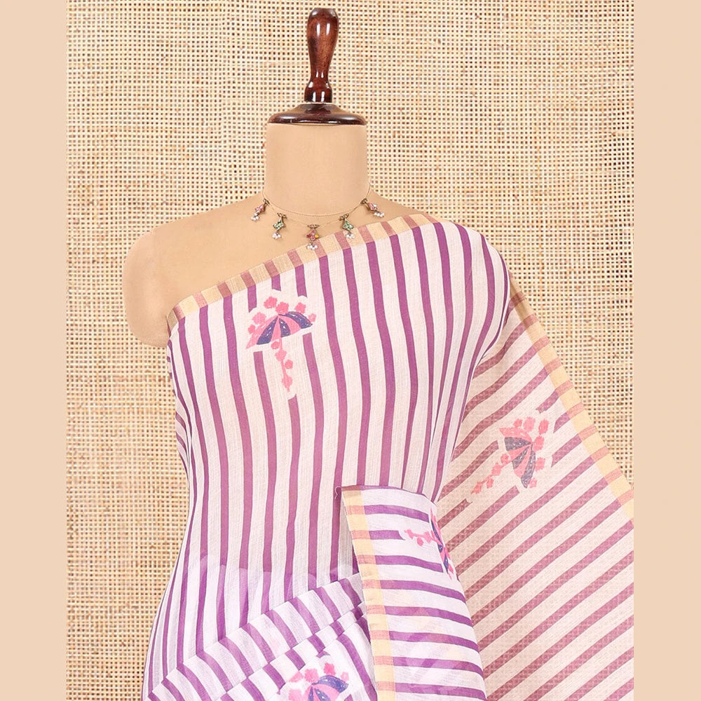 Pothys Borderless White-Violet Linen Cotton Saree, Adorned with Vertical Stripes, an Umbrella Print, and a Matching Blouse