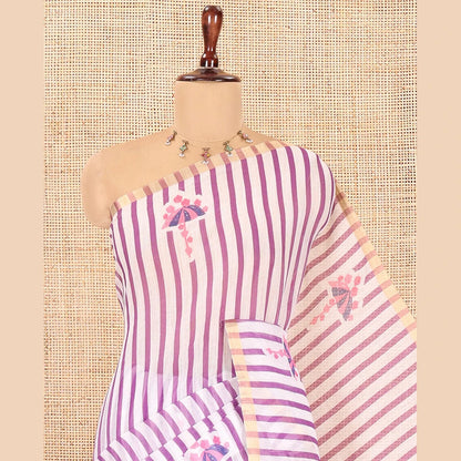 Pothys Borderless White-Violet Linen Cotton Saree, Adorned with Vertical Stripes, an Umbrella Print, and a Matching Blouse