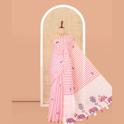 Pothys Borderless White-Pink Linen Cotton Saree, Beautified with Vertical Stripes, an Umbrella Print, and a Matching Blouse