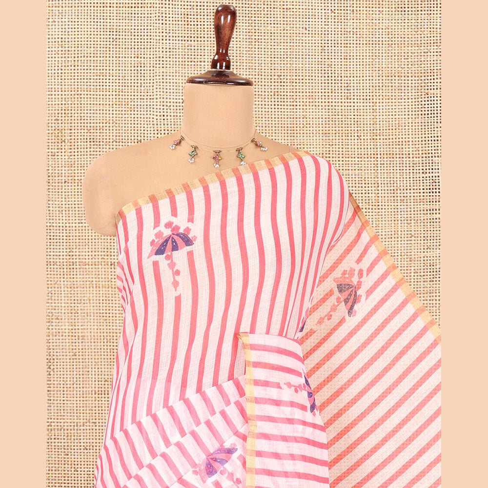 Pothys Borderless White-Pink Linen Cotton Saree, Beautified with Vertical Stripes, an Umbrella Print, and a Matching Blouse