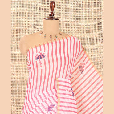 Pothys Borderless White-Pink Linen Cotton Saree, Beautified with Vertical Stripes, an Umbrella Print, and a Matching Blouse