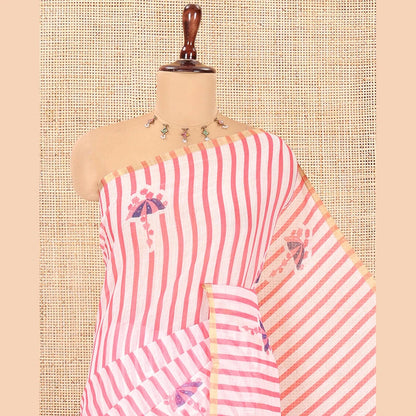 Pothys Borderless White-Pink Linen Cotton Saree, Beautified with Vertical Stripes, an Umbrella Print, and a Matching Blouse