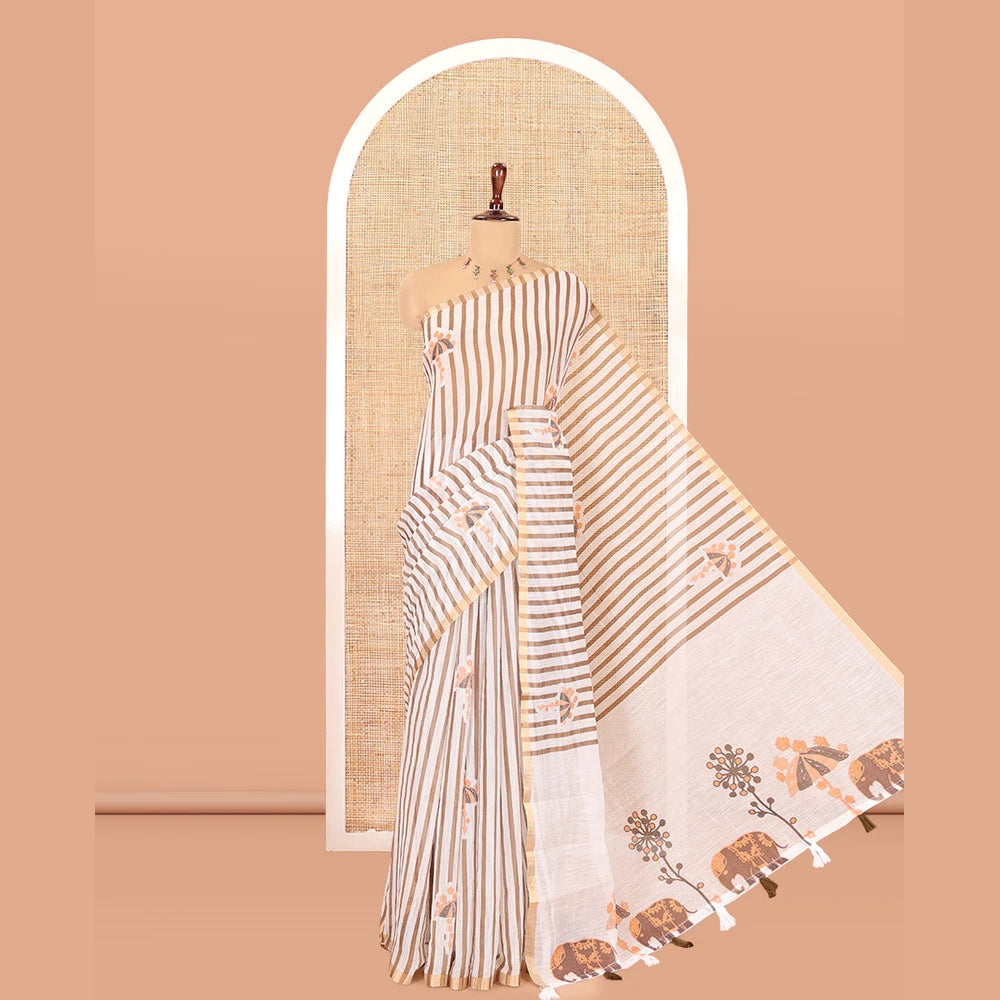 Pothys Borderless White-Brown Linen Cotton Saree, Elevated with Vertical Stripes, an Umbrella Print, and a Matching Blouse