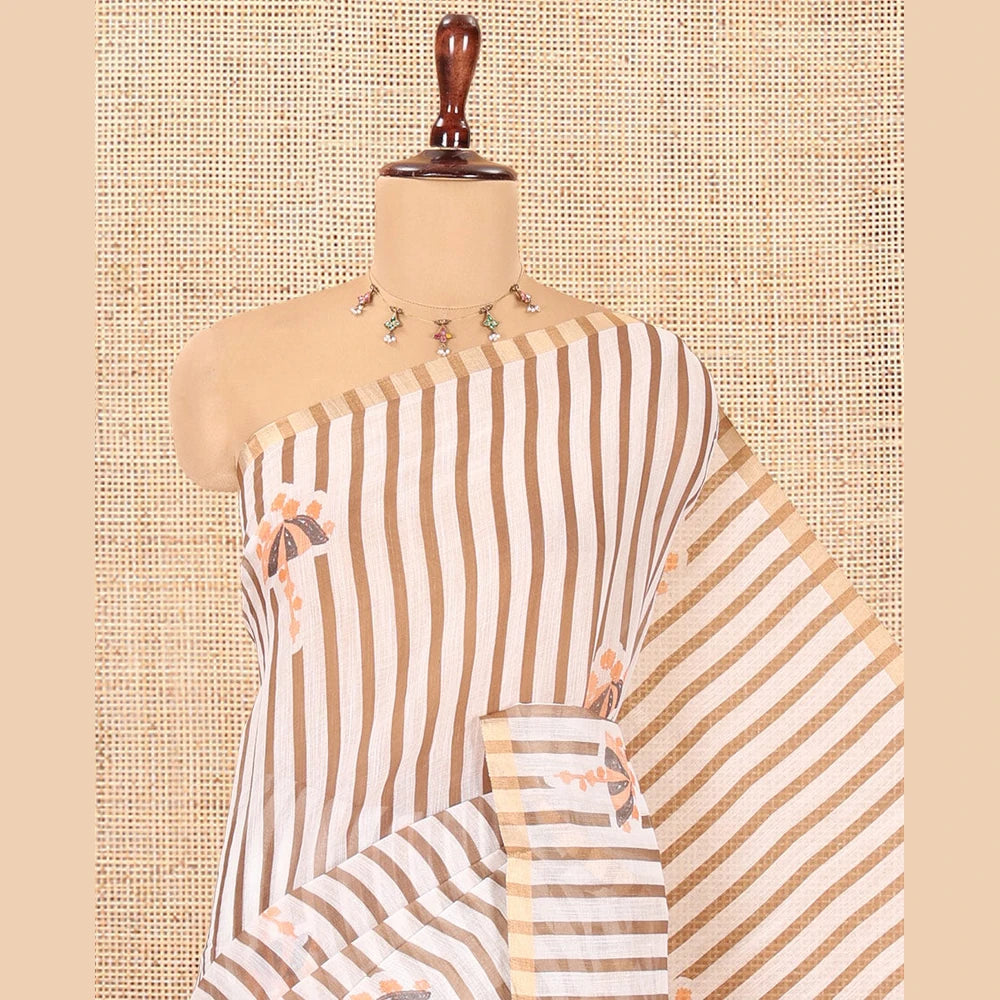 Pothys Borderless White-Brown Linen Cotton Saree, Elevated with Vertical Stripes, an Umbrella Print, and a Matching Blouse