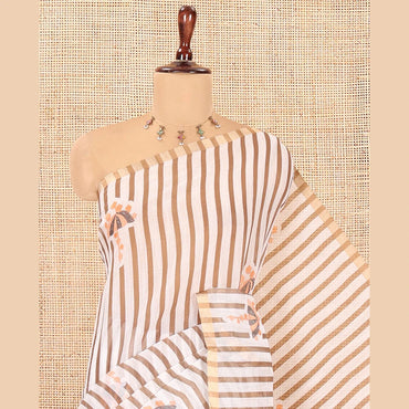 Pothys Borderless White-Brown Linen Cotton Saree, Elevated with Vertical Stripes, an Umbrella Print, and a Matching Blouse