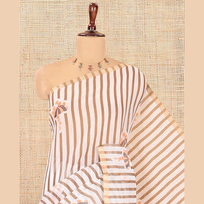 Pothys Borderless White-Brown Linen Cotton Saree, Elevated with Vertical Stripes, an Umbrella Print, and a Matching Blouse