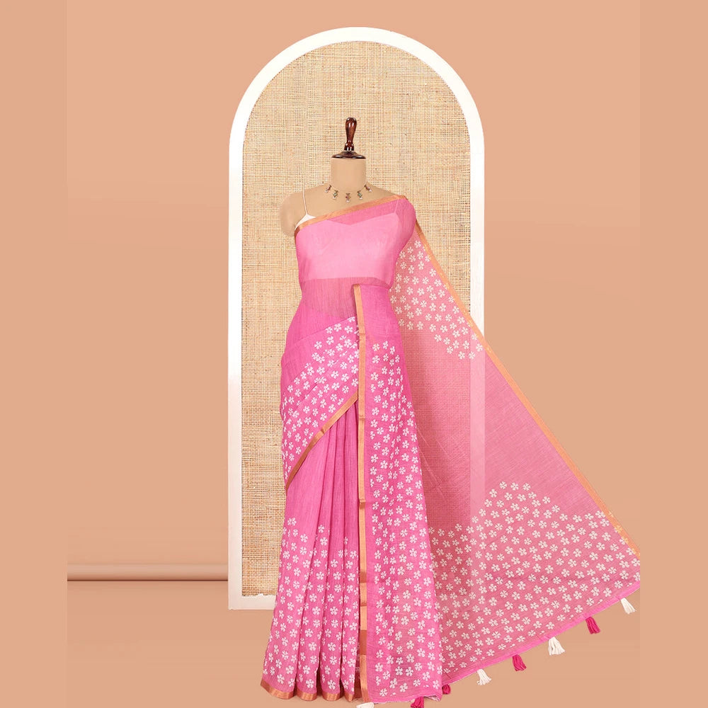 Pothys Pink Linen Cotton Saree Features Half-And-Half-Style Flower Motifs Print, a Piping Border, and a Matching Blouse