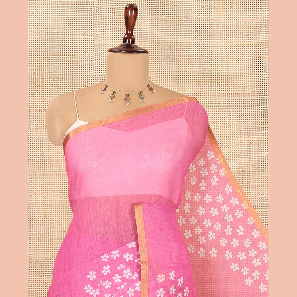 Pothys Pink Linen Cotton Saree Features Half-And-Half-Style Flower Motifs Print, a Piping Border, and a Matching Blouse