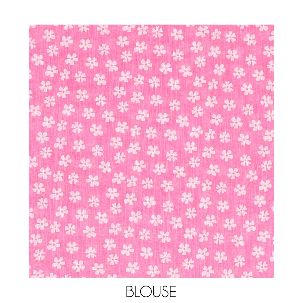 Pothys Pink Linen Cotton Saree Features Half-And-Half-Style Flower Motifs Print, a Piping Border, and a Matching Blouse