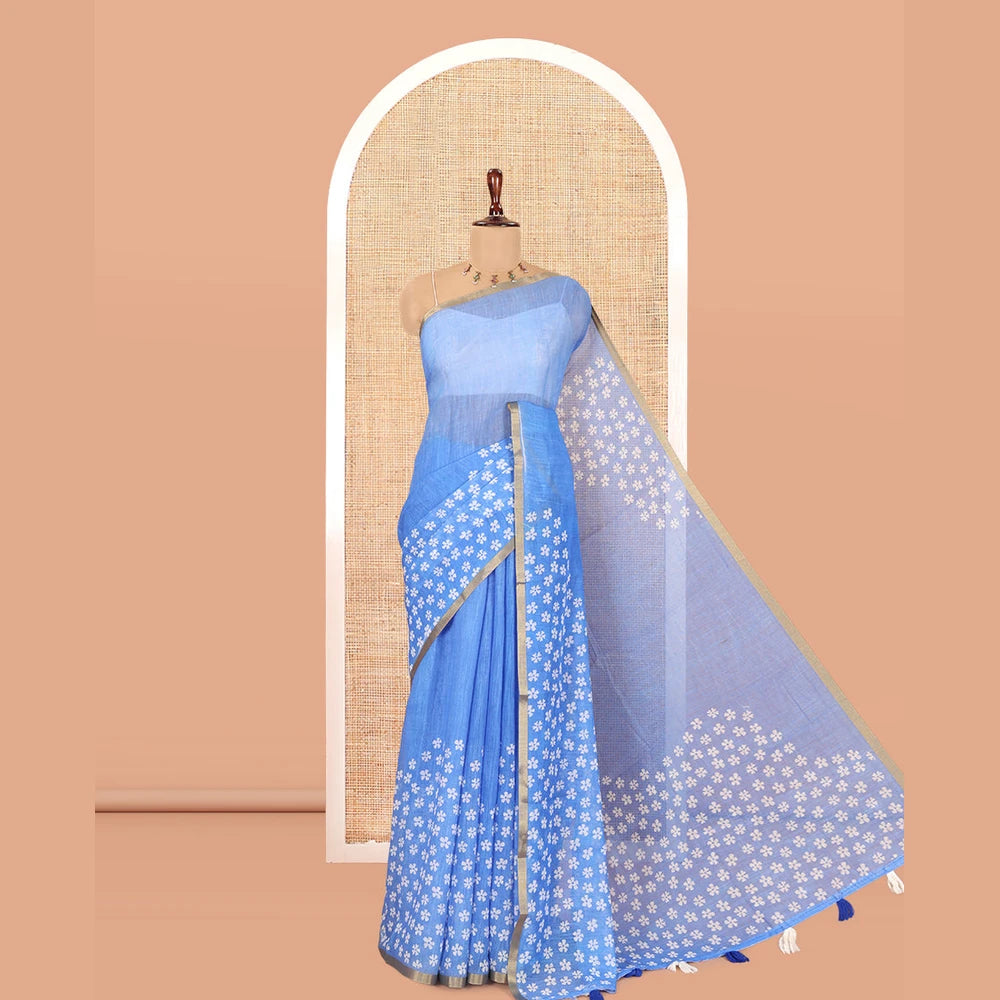 Pothys Blue Linen Cotton Saree Features Half-And-Half-Style Flower Motifs Print, a Piping Border, and a Matching Blouse