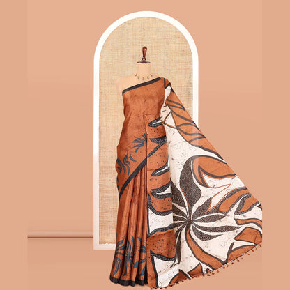 Pothys Brown Batik-Style Floral Printed Art Khadi Cotton Saree, a Contrast Border, and a Matching Blouse