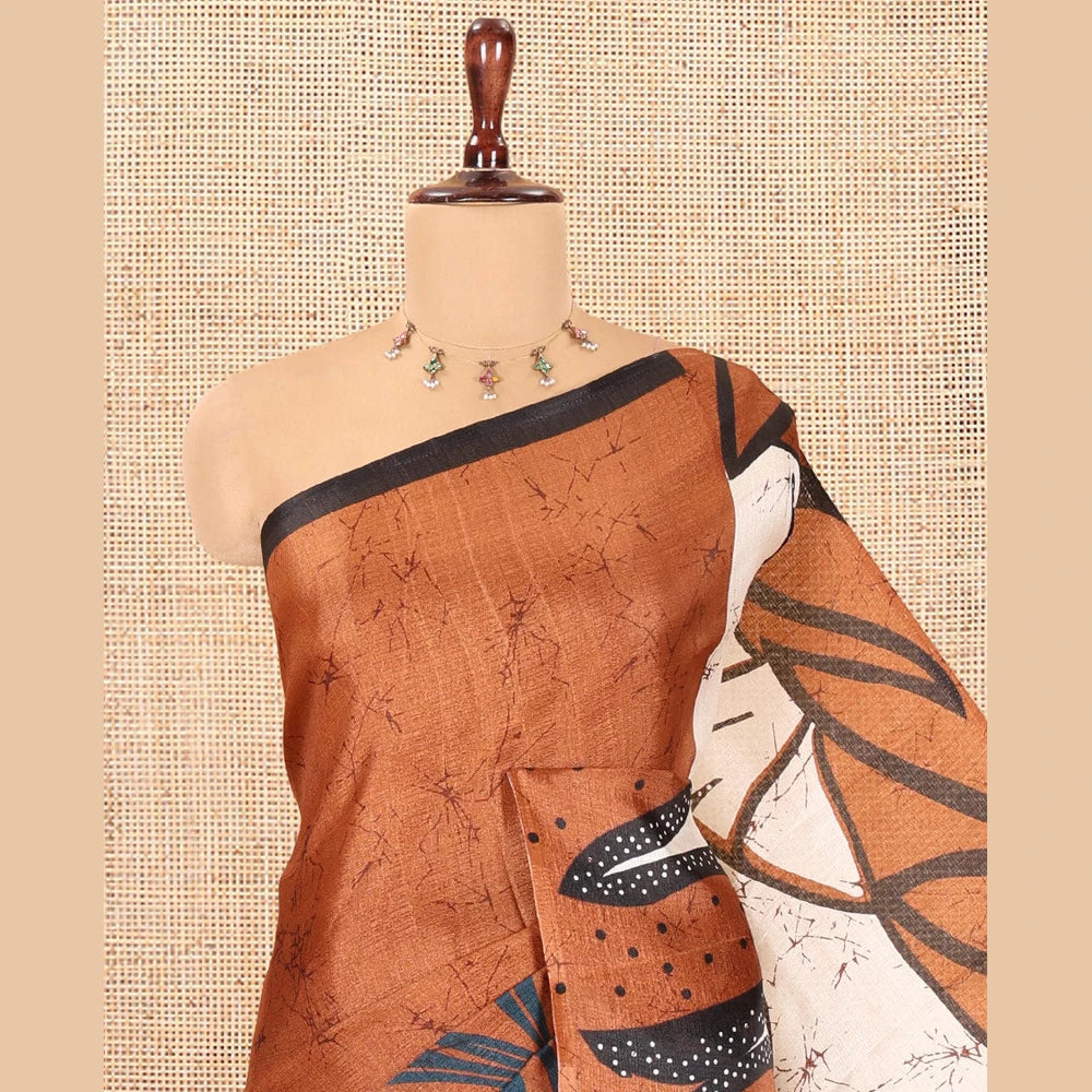 Pothys Brown Batik-Style Floral Printed Art Khadi Cotton Saree, a Contrast Border, and a Matching Blouse
