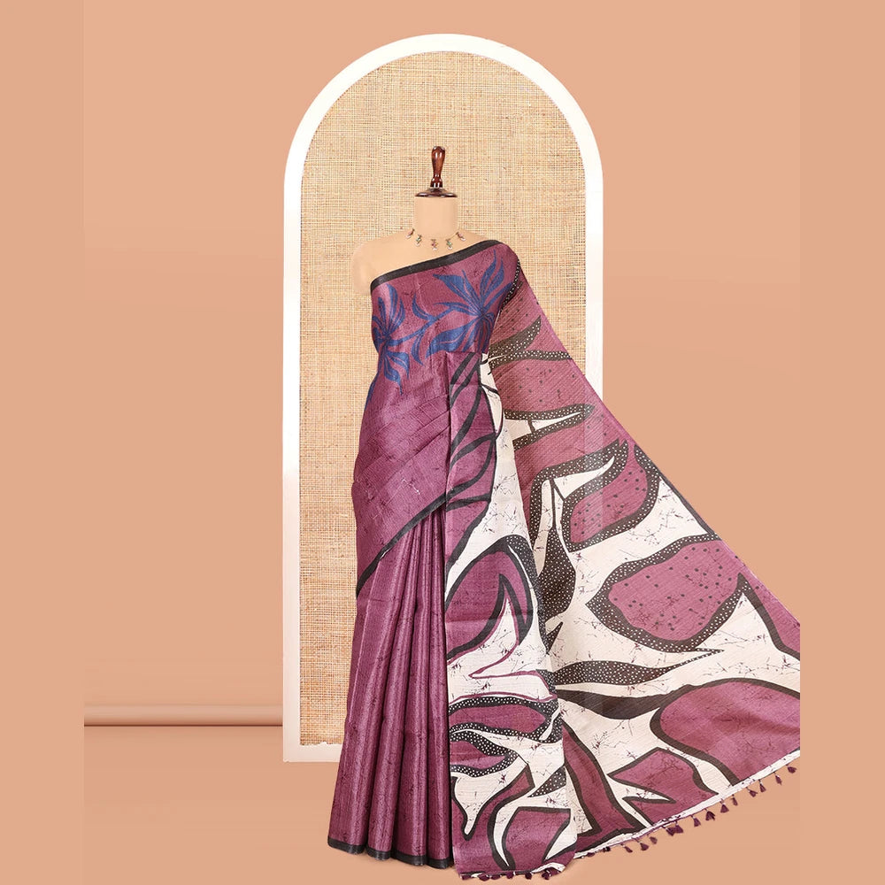 Pothys Lavender Batik-Style Floral Printed Art Khadi Cotton Saree, a Contrast Border, and a Matching Blouse