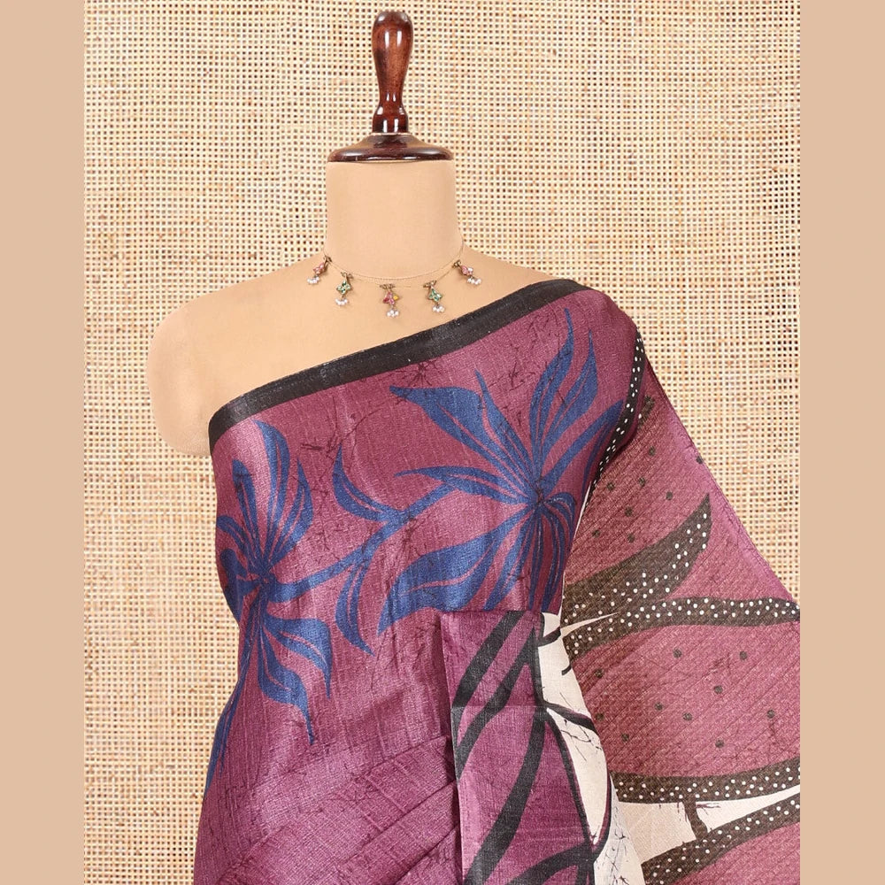 Pothys Lavender Batik-Style Floral Printed Art Khadi Cotton Saree, a Contrast Border, and a Matching Blouse