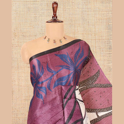 Pothys Lavender Batik-Style Floral Printed Art Khadi Cotton Saree, a Contrast Border, and a Matching Blouse