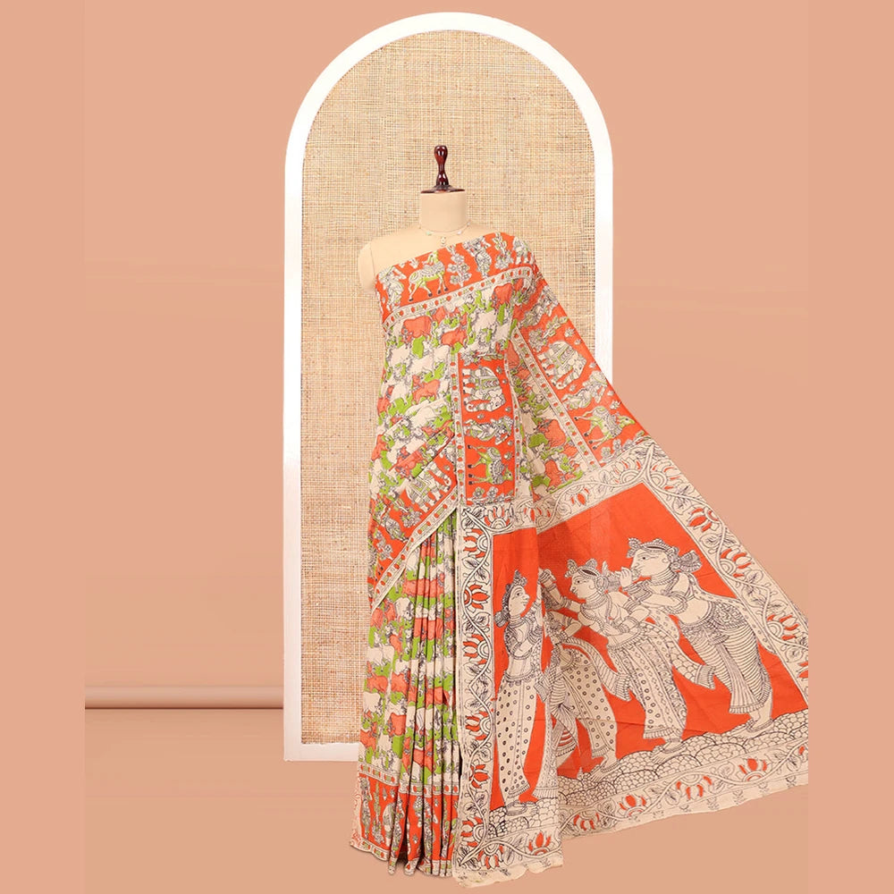 Pothys Multi-Color Kalamkari Cotton Saree, Elevated with Pichwai Cow Print, Contrast Printed Border, Kalamkari Human Motifs Pallu, and a Matching Blouse