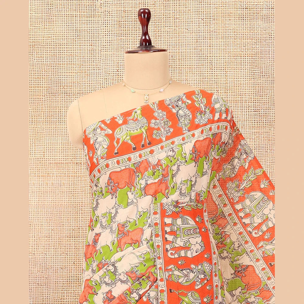Pothys Multi-Color Kalamkari Cotton Saree, Elevated with Pichwai Cow Print, Contrast Printed Border, Kalamkari Human Motifs Pallu, and a Matching Blouse