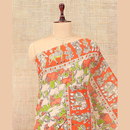 Pothys Multi-Color Kalamkari Cotton Saree, Elevated with Pichwai Cow Print, Contrast Printed Border, Kalamkari Human Motifs Pallu, and a Matching Blouse