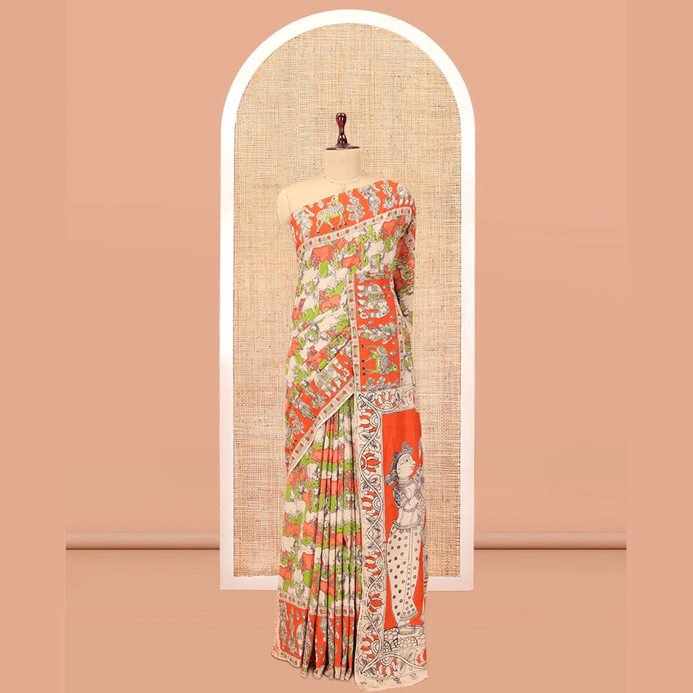 Pothys Multi-Color Kalamkari Cotton Saree, Elevated with Pichwai Cow Print, Contrast Printed Border, Kalamkari Human Motifs Pallu, and a Matching Blouse