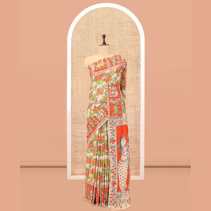 Pothys Multi-Color Kalamkari Cotton Saree, Elevated with Pichwai Cow Print, Contrast Printed Border, Kalamkari Human Motifs Pallu, and a Matching Blouse