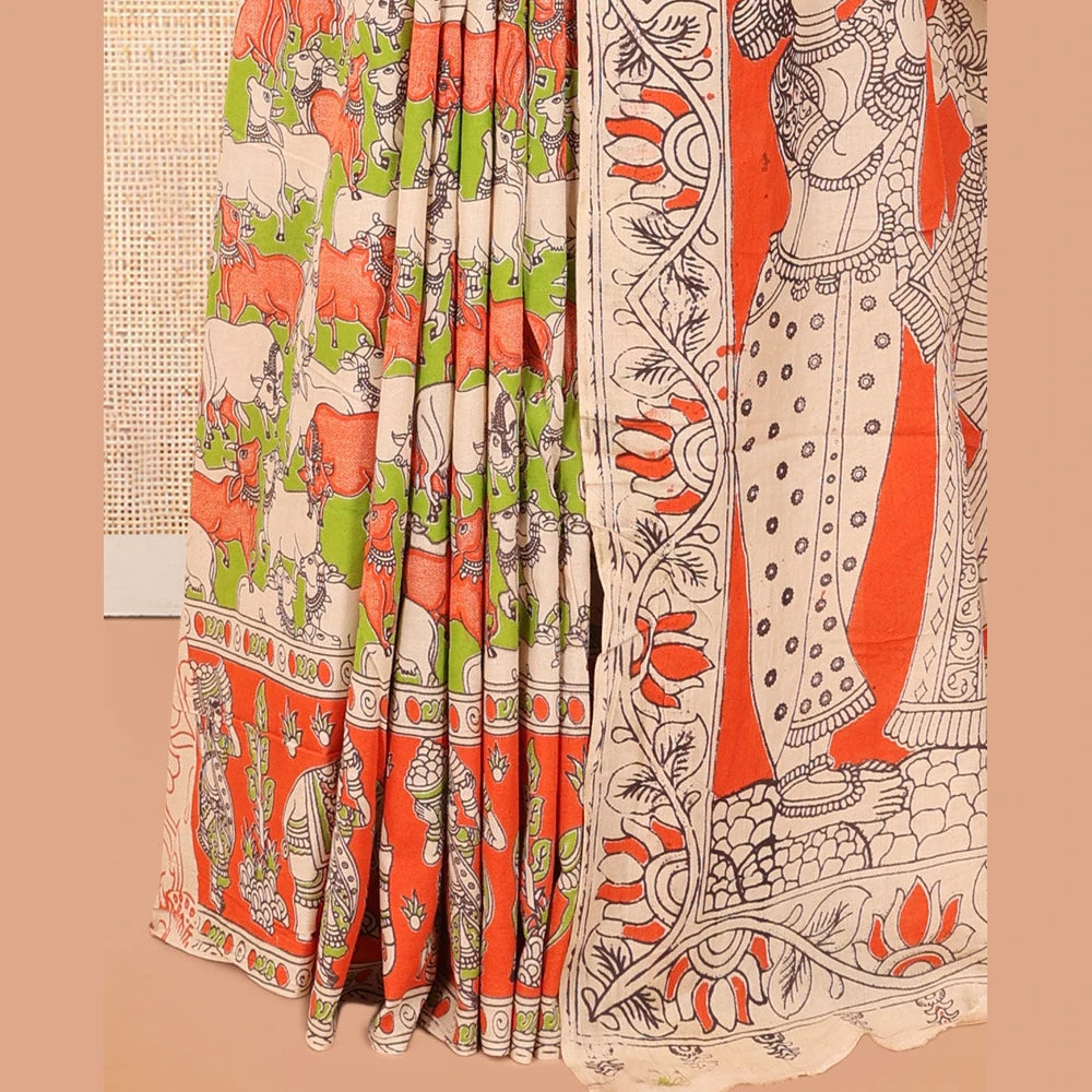 Pothys Multi-Color Kalamkari Cotton Saree, Elevated with Pichwai Cow Print, Contrast Printed Border, Kalamkari Human Motifs Pallu, and a Matching Blouse