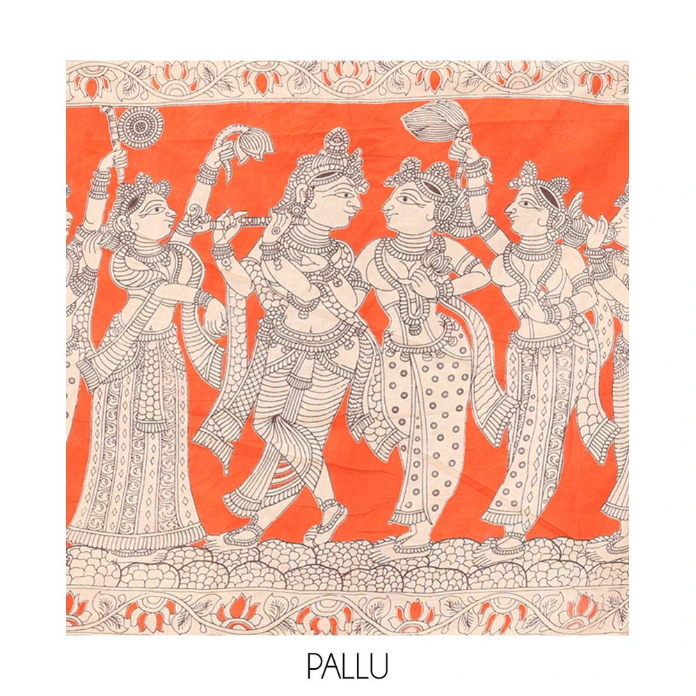 Pothys Multi-Color Kalamkari Cotton Saree, Elevated with Pichwai Cow Print, Contrast Printed Border, Kalamkari Human Motifs Pallu, and a Matching Blouse