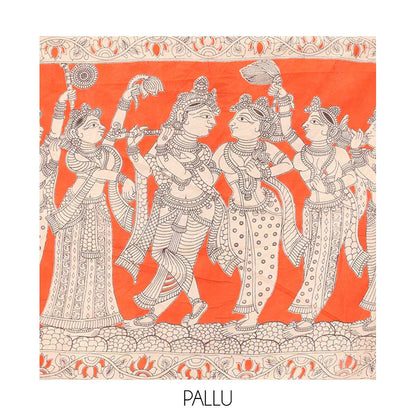 Pothys Multi-Color Kalamkari Cotton Saree, Elevated with Pichwai Cow Print, Contrast Printed Border, Kalamkari Human Motifs Pallu, and a Matching Blouse