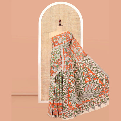 Pothys Multi-Color Kalamkari Cotton Saree, Graced Floral Vine Print, Contrast Printed Border, Kalamkari Peacock Motifs Pallu, and a Matching Blouse