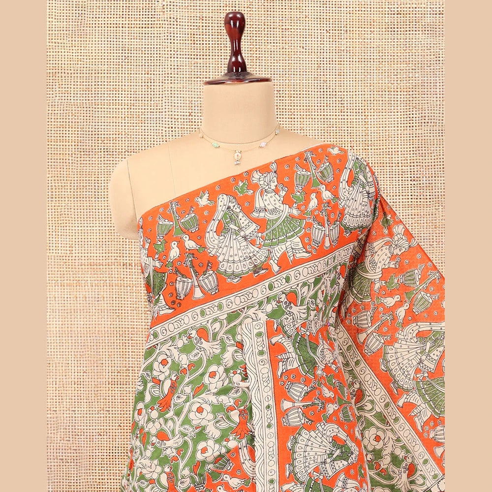 Pothys Multi-Color Kalamkari Cotton Saree, Graced Floral Vine Print, Contrast Printed Border, Kalamkari Peacock Motifs Pallu, and a Matching Blouse