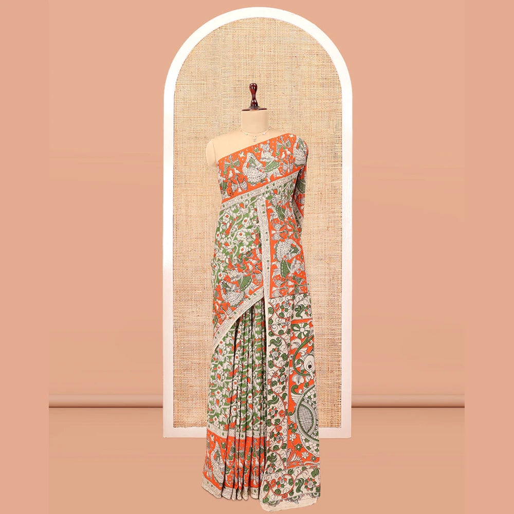 Pothys Multi-Color Kalamkari Cotton Saree, Graced Floral Vine Print, Contrast Printed Border, Kalamkari Peacock Motifs Pallu, and a Matching Blouse