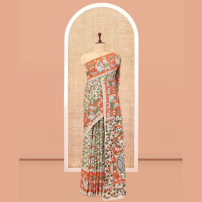 Pothys Multi-Color Kalamkari Cotton Saree, Graced Floral Vine Print, Contrast Printed Border, Kalamkari Peacock Motifs Pallu, and a Matching Blouse