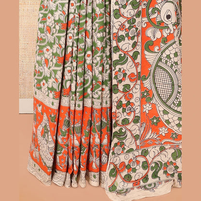 Pothys Multi-Color Kalamkari Cotton Saree, Graced Floral Vine Print, Contrast Printed Border, Kalamkari Peacock Motifs Pallu, and a Matching Blouse